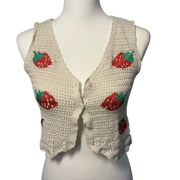 Wo Wo Tops - WoWo Strawberry Crochet Cardigan Vest Size Small 100% Cotton Button Front Boho